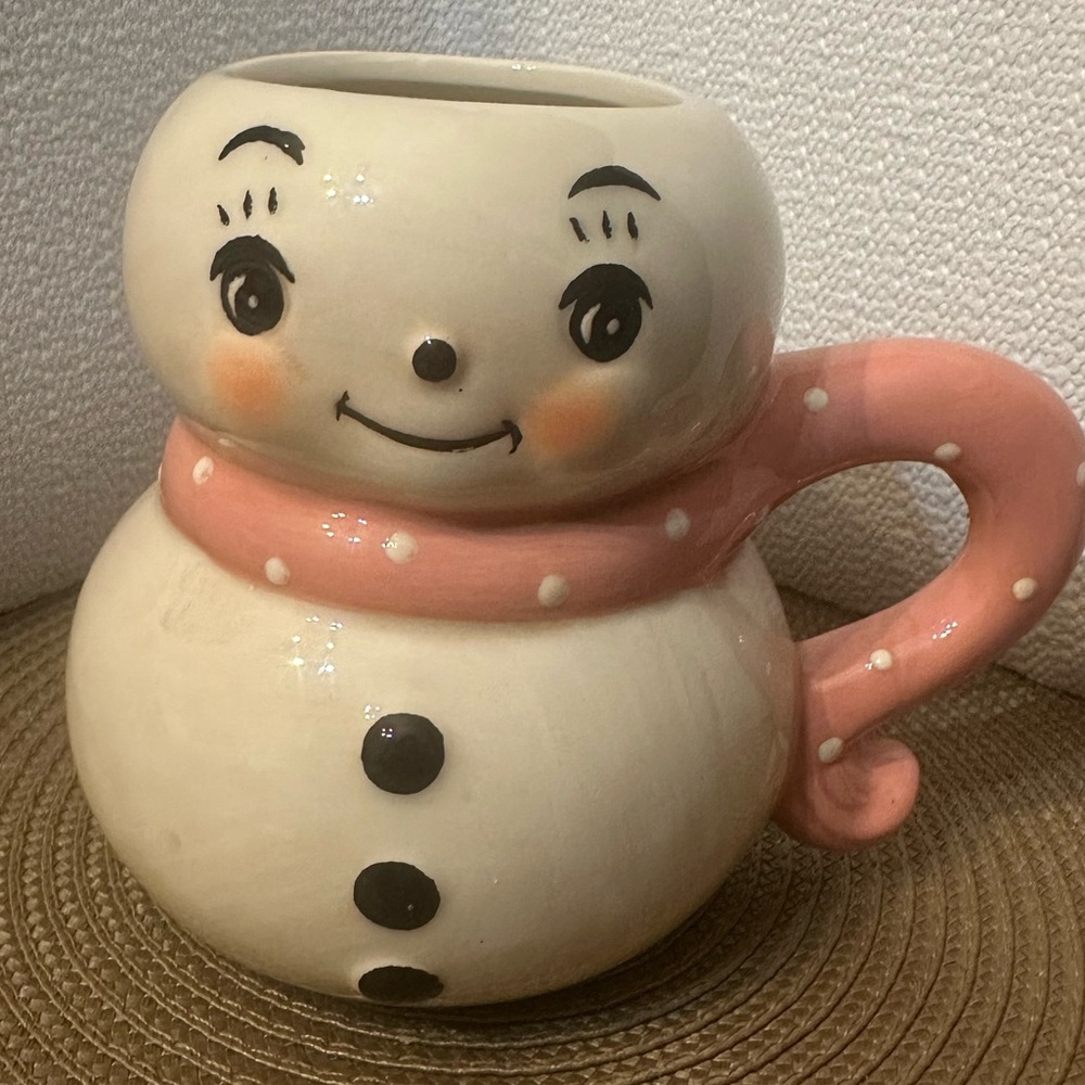 Whimsical Snowman Ceramic Mug with Pink Handle - Picture 2 of 9